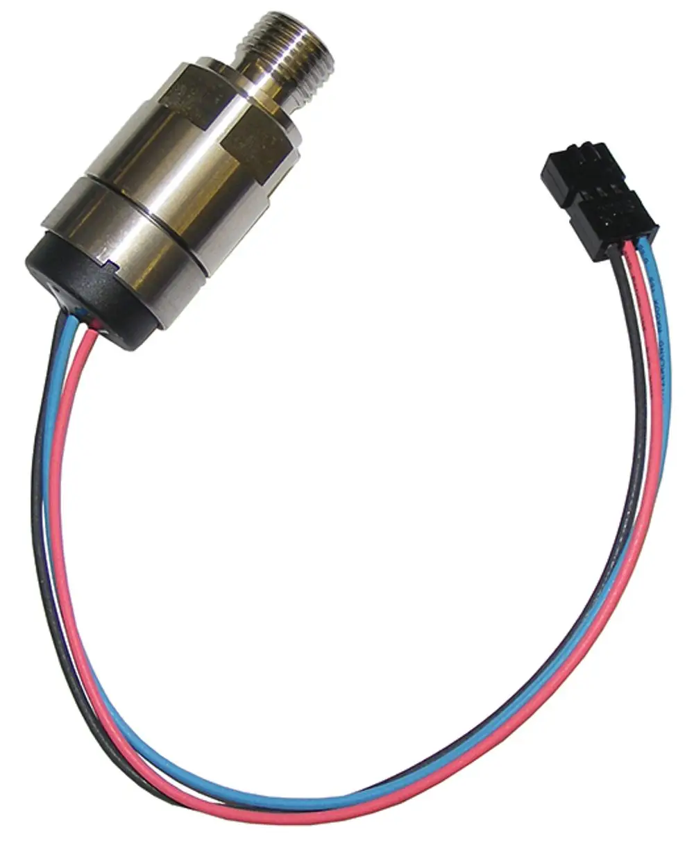 Syr Prüfverschraubung mit Metallgehäuse und drei Kabeln (rot, blau, schwarz) für die Verbindung in hydraulischen Systemen.